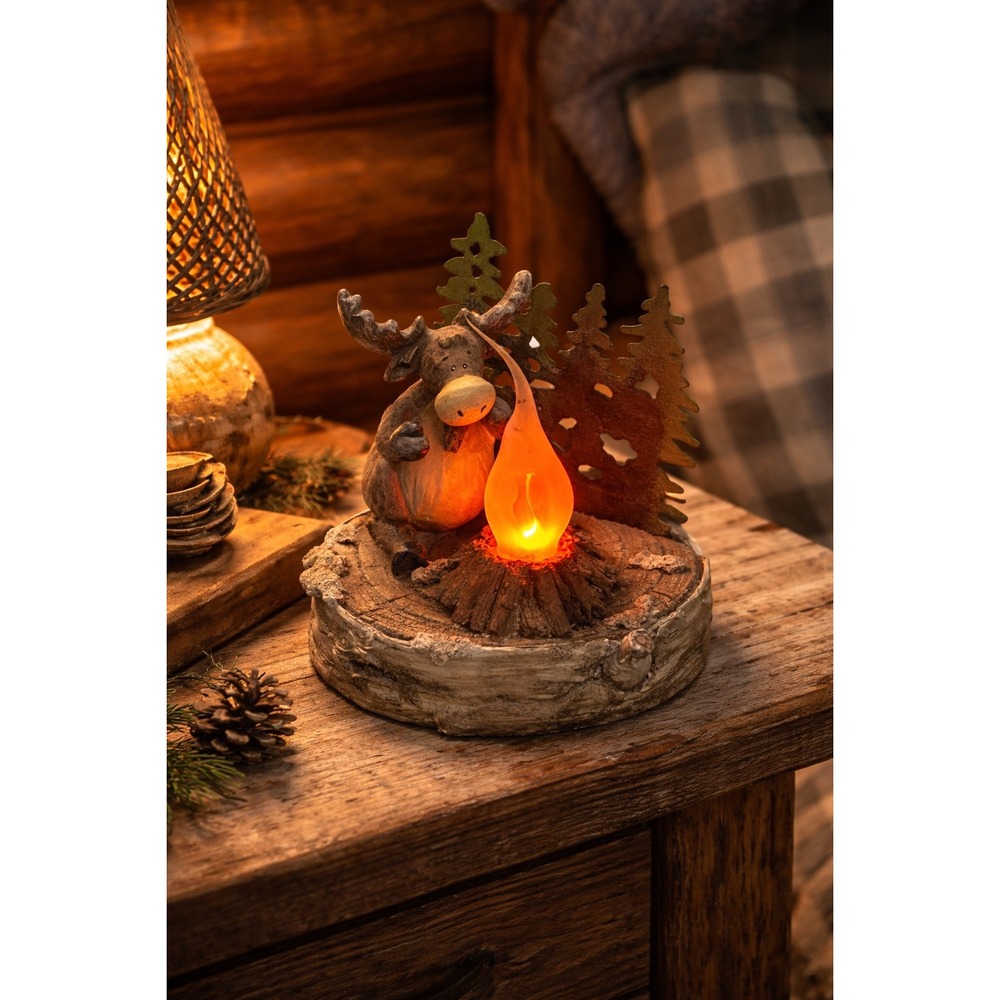 Rustic Moose Campfire Accent Lamp Cabin Lodge Decor Birch Log Base Nightlight